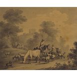 19th century Continental School, finely detailed monochrome watercolour, rounding up cattle,
