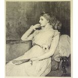 W Orchardson, engraving, lady with a fan, image 19" x 16", unframed