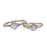 2 9ct gold diamond cluster rings, sizes N and S, 4g total (2)