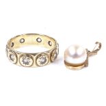 A 14ct gold pearl and diamond pendant, and a 9ct gold stone set eternity ring, size O, 5.7g total (