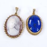 A cabochon lapis lazuli pendant in 9ct rope twist frame, height excluding bale 26.3mm, together with