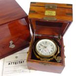 A Russian Soviet period ship's marine chronometer, stained wood outer case, with brass-bound teak