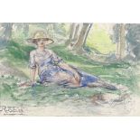 Early 20th century watercolour, woman laying on grass, indistinctly signed, 6" x 9", framed