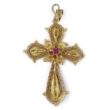 An 18ct gold filigree ruby crucifix pendant, height excluding bale 44.3mm, 5.3g