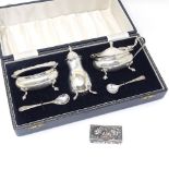 A cased 3-piece silver cruet set, together with a sterling silver relief embossed rose pillbox,