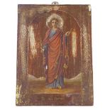 A Russian painted and gilded icon on wood panel, height 22cm, purchased by the present vendor in