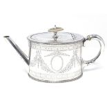 An Elkington & Co silver plated oval teapot, with ivory insulators and engraved Adams style