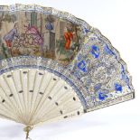 A 19th century French bone fan with hand coloured printed and gilded screen, length 27cm