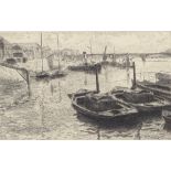 R Pinard, etching, French harbour scene, circa 1890, plate size 5.5" x 8.5", framed