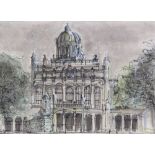 Attributed to John Piper (1902 - 1992), watercolour and ink, historic building, signed, 7.5" x 11.