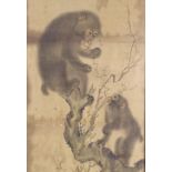 After Mori Sosen (Japanese), lithograph, 2 monkeys, 27.5" x 15", framed