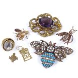 Various jewellery, including stone set bug brooch, compass fob, miniature 14ct gold pendant etc (7)