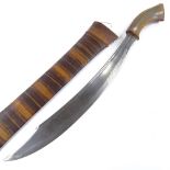 A large Oriental horn-handled machete, original cane-bound wooden scabbard, blade length 43cm