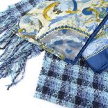 Westonbirt Arboretum, lambswool blue check scarf, and an Italian-made blue/beige pattern silk