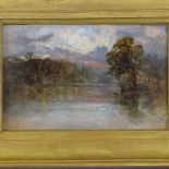 19th/20th century oil on board, river scene at sunset, unsigned, 5" x 8", framed