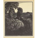 Charles Taylor, woodcut print, country lane, circa 1930, image 6" x 5", mounted