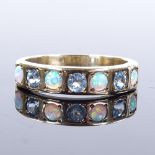 A 9ct gold 7-stone cabochon opal and blue topaz half-eternity ring, setting height 5.1mm, size T,