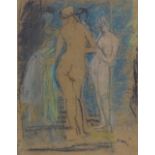 Early 20th century charcoal/crayon on brown paper, Classical figures, unsigned, 12" x 9", framed