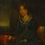 Early 19th century oil on canvas, portrait of a child beside a window, unsigned, 20" x 16", original