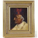 E Burdett, oil on board, portrait of a Cardinal, 8" x 6", and 2 other oil paintings by different