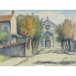 French School, watercolour, road towards a chapel, indistinctly signed and dated, 9" x 11.5", framed