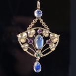 A 9ct gold moonstone ruby and green stone lavaliere pendant, with floral style settings, pendant