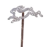 An unmarked gold rose-cut diamond running hare stick pin, hare length 17.4mm, 1.3g