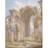 Attributed to Thomas Girtin, watercolour, figures in Tintern Abbey, unsigned, 5" x 4", framed