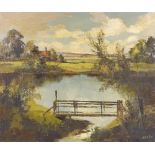 V Askew ROI, oil on canvas, pond in Hertford, signed, 20" x 24", framed