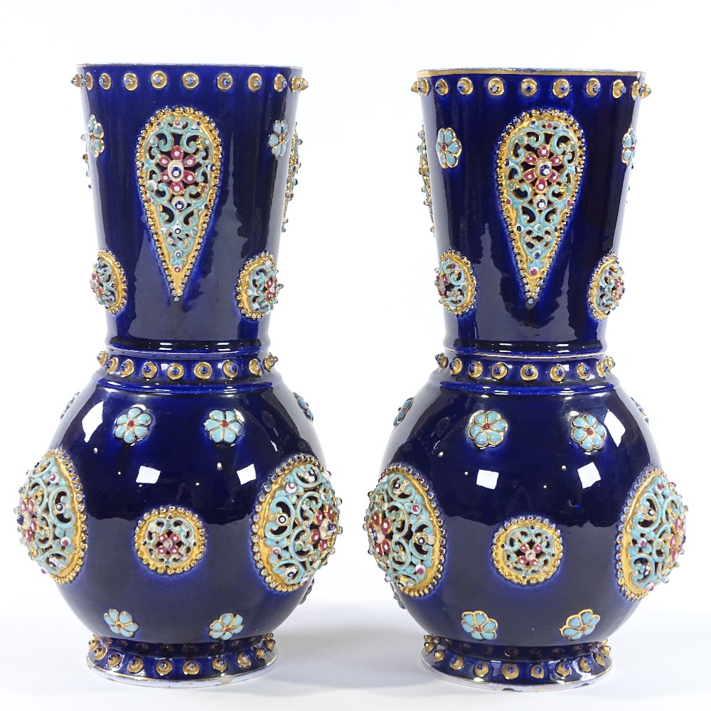 A pair of Hungarian blue glaze pottery vases, circa 1900, in the manner of Zsolnay, with pierced and - Image 3 of 3