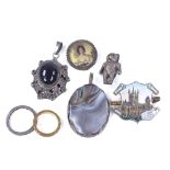Various silver and other jewellery, including banded agate pendant, enamel cathedral brooch etc