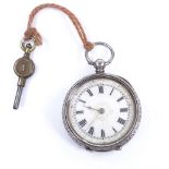 A Continental silver-cased open-face key-wind fob watch, white enamel dial with Roman numeral hour