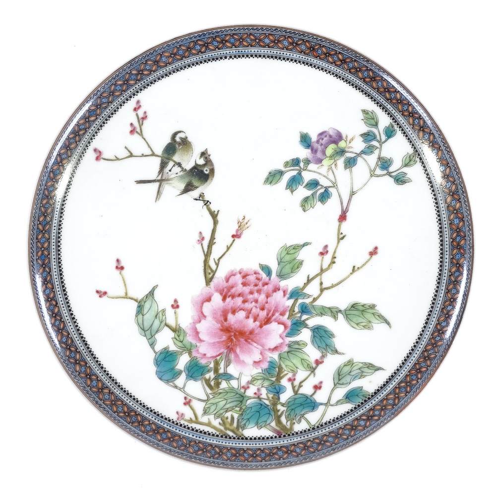 A Chinese Republic Period porcelain plate, hand painted enamel exotic birds and flowers in painted - Image 2 of 3