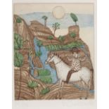 Francoise Deberst (born 1934), coloured etching, horseman in landscape, signed in pencil, plate size