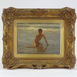 Attributed to W A Cuthbertson, oil on canvas laid on board, boy at the seashore, signed, 10.5" x