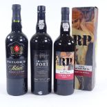 3 bottles of Port, Fortnum & Mason Crusted Port 2002, Taylor's Select Reserve, and Ramos Pinto