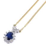 An 18ct gold sapphire and diamond cluster pendant necklace, with diamond set bale and 18ct chain,