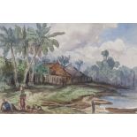 19th century watercolour, Colonial scene, Happy Grove Jamaica, unsigned, 8" x 12", framed
