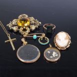 Various gold jewellery, including swivel bloodstone ring, miniature turquoise eternity ring, cameo