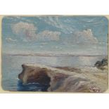 19th/20th century impressionist oil on panel, coastal view, indistinctly signed, 5" x 7", framed