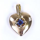 A Vintage unmarked gold sapphire diamond and white enamel heart pendant, with closed-back setting,