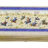 2 Indian/Mughal paintings on ivory, polo and lion hunting scenes, in ornate painted surrounds and