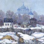 Russian School, oil on canvas, view towards a church, signed and inscribed verso, 19.5" x 24",