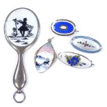 Various silver and enamel jewellery, including miniature chatelaine attachment, brooches etc (5)
