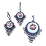 A Norwegian silver and floral enamel pendant and earring set, pendant height excluding bale 45.