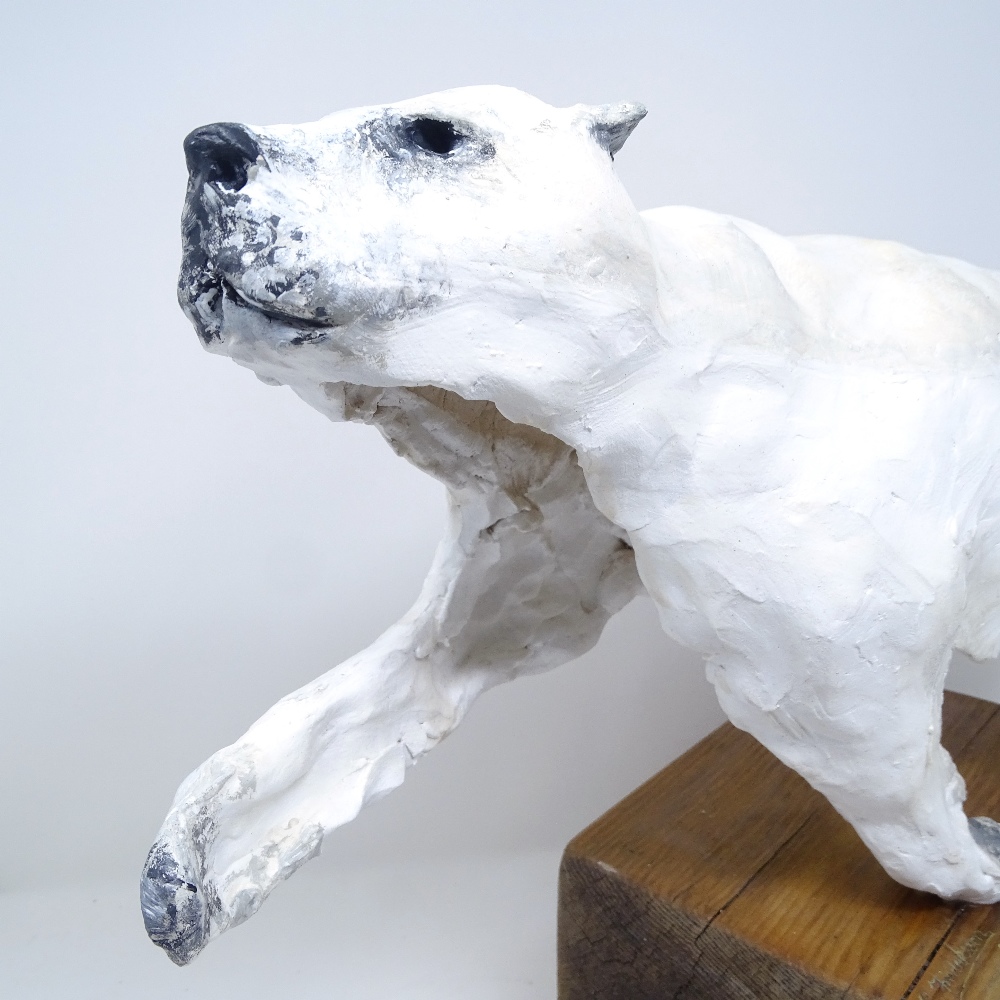 Clive Fredriksson, clay sculpture, running polar bear, length 16", height 14.5" - Image 3 of 4
