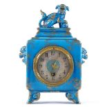 A French gilded ceramic cased mantel clock by Jules Vieillard, in Japanese style, surmounted by a