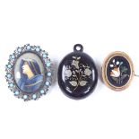 A small unmarked yellow metal pietra dura brooch, an inlaid tortoiseshell mourning pendant, and a