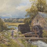 19th century watercolour, woman beside an old watermill, indistinctly signed, dated 1872, 12" x 18.