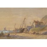 19th century watercolour, beached fishing boats, signed with monogram FA, 8.5" x 13", framed